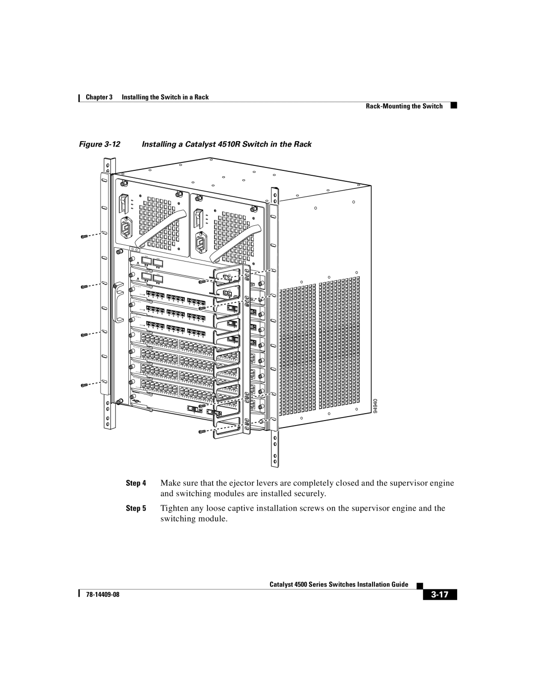 Cisco Systems WSC4500XF16SFP, WSC4500X24XIPB, WSC4500XF32SFP manual Installing a Catalyst 4510R Switch in the Rack 