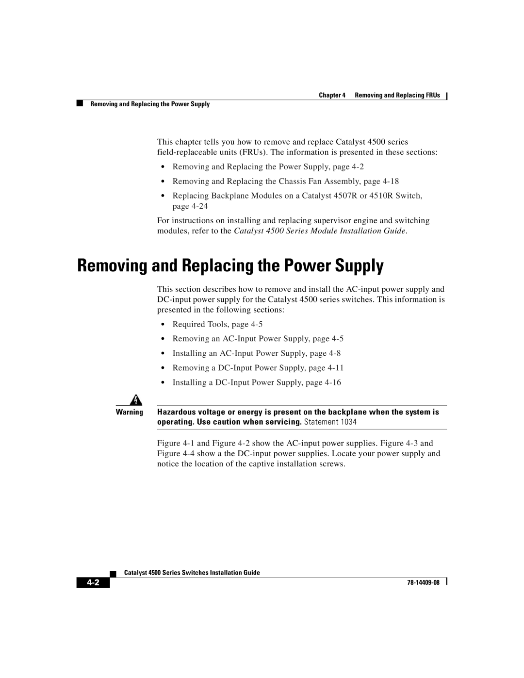 Cisco Systems WSC4500XF32SFP, WSC4500X24XIPB, WSC4500XF16SFP manual Removing and Replacing the Power Supply 