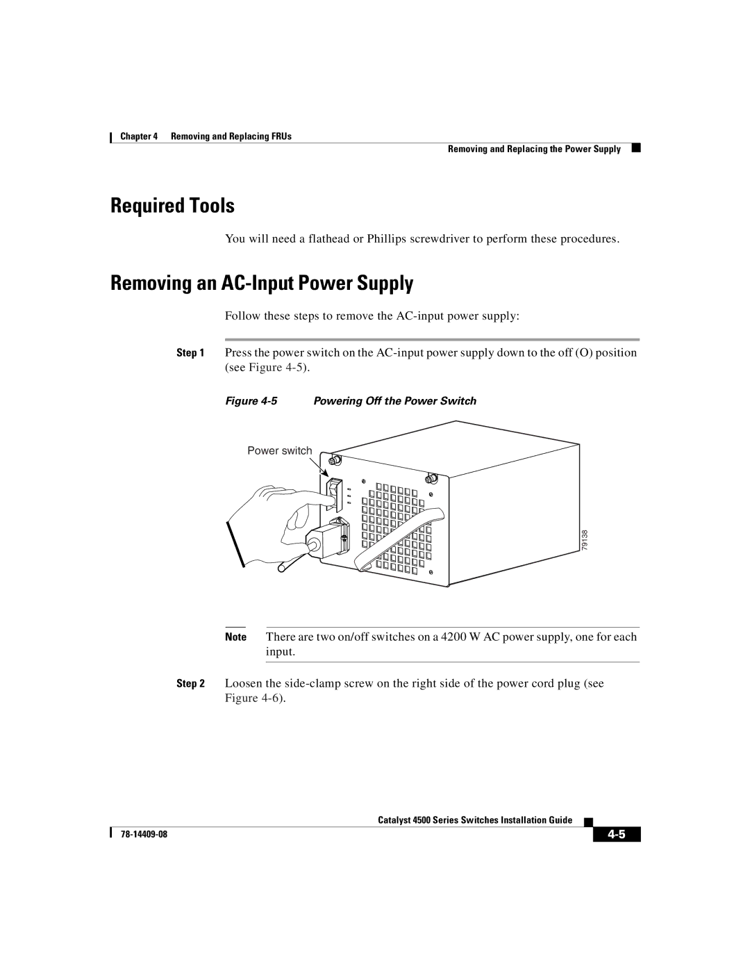 Cisco Systems WSC4500XF32SFP, WSC4500X24XIPB, WSC4500XF16SFP manual Required Tools, Removing an AC-Input Power Supply 