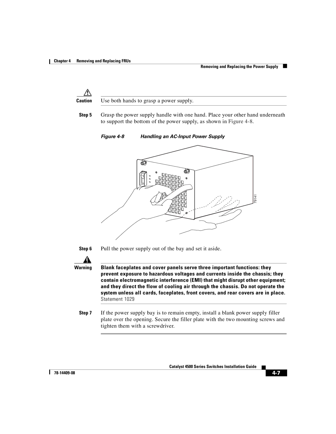 Cisco Systems WSC4500X24XIPB, WSC4500XF32SFP, WSC4500XF16SFP manual Handling an AC-Input Power Supply 