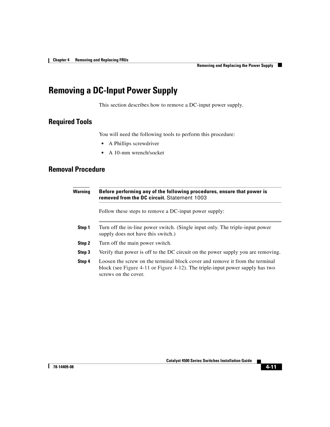 Cisco Systems WSC4500XF32SFP, WSC4500X24XIPB, WSC4500XF16SFP manual Removing a DC-Input Power Supply, Required Tools 