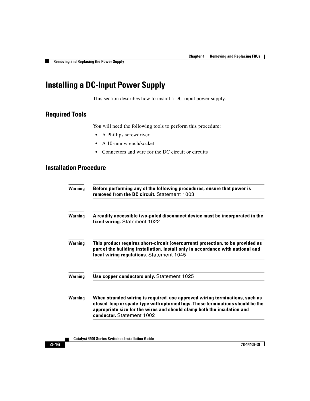 Cisco Systems WSC4500X24XIPB, WSC4500XF32SFP, WSC4500XF16SFP Installing a DC-Input Power Supply, Installation Procedure 