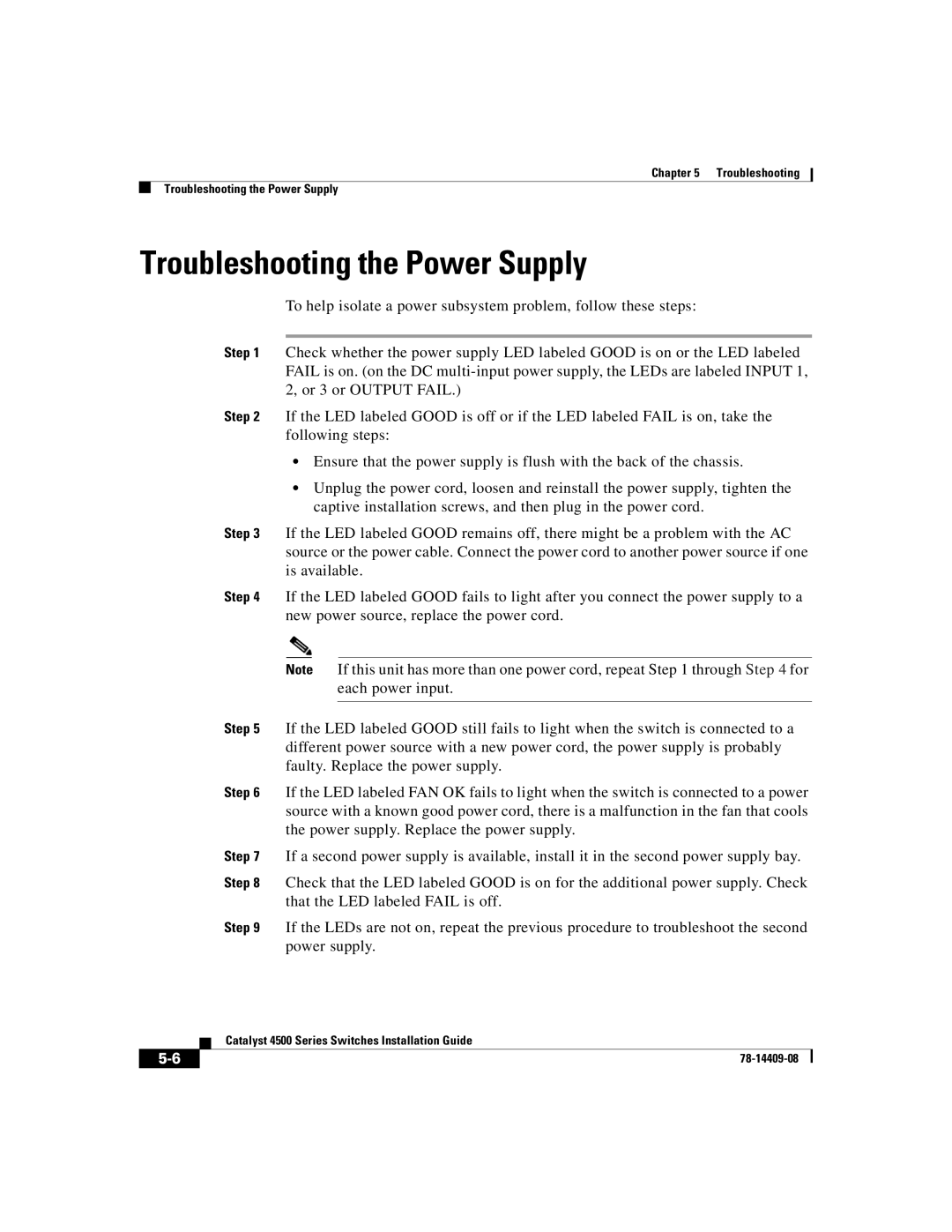 Cisco Systems WSC4500XF16SFP, WSC4500X24XIPB, WSC4500XF32SFP manual Troubleshooting the Power Supply 