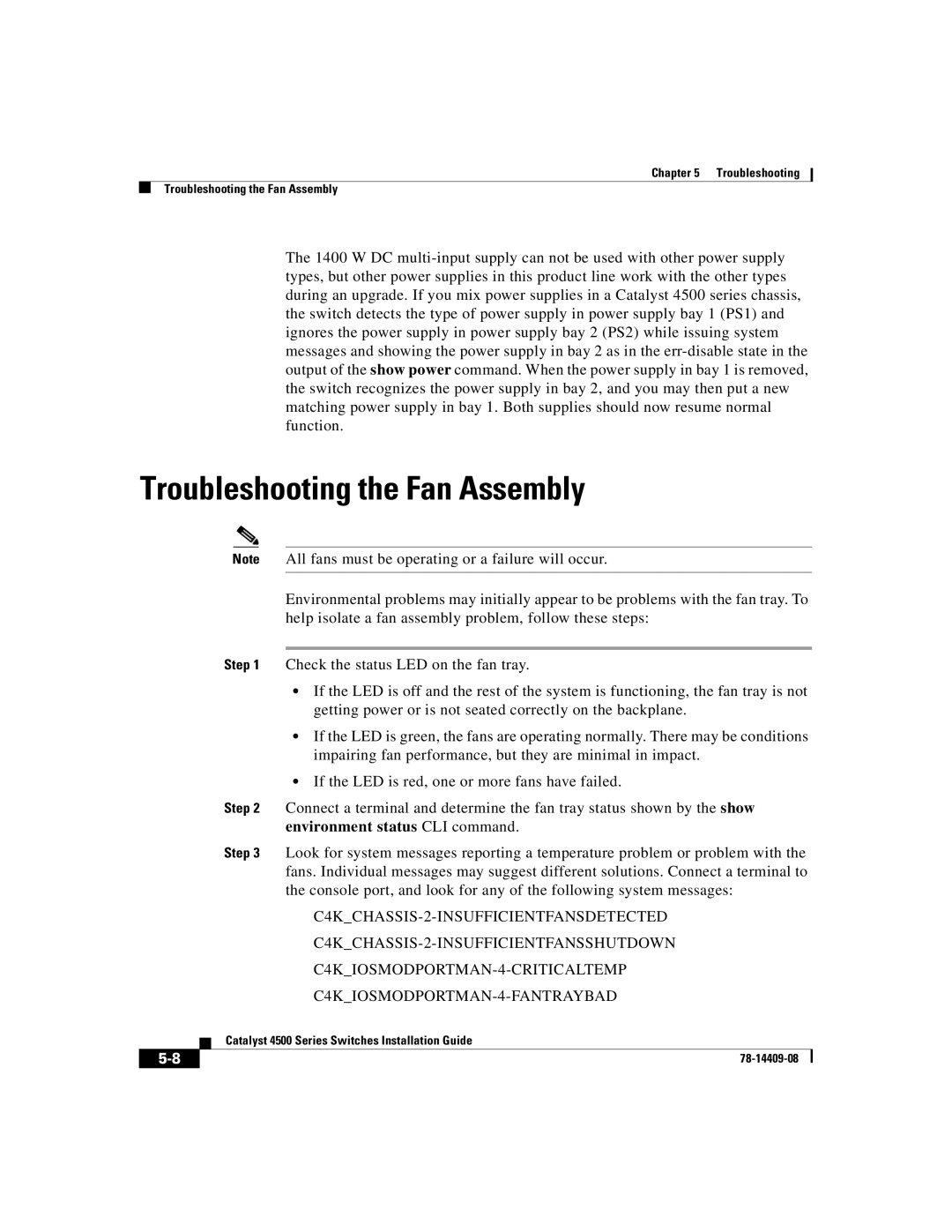 Cisco Systems WSC4500XF32SFP, WSC4500X24XIPB, WSC4500XF16SFP manual Troubleshooting the Fan Assembly 