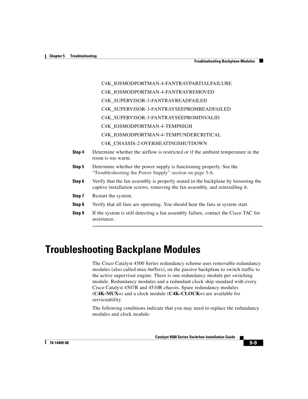 Cisco Systems WSC4500XF16SFP, WSC4500X24XIPB, WSC4500XF32SFP manual Troubleshooting Backplane Modules 