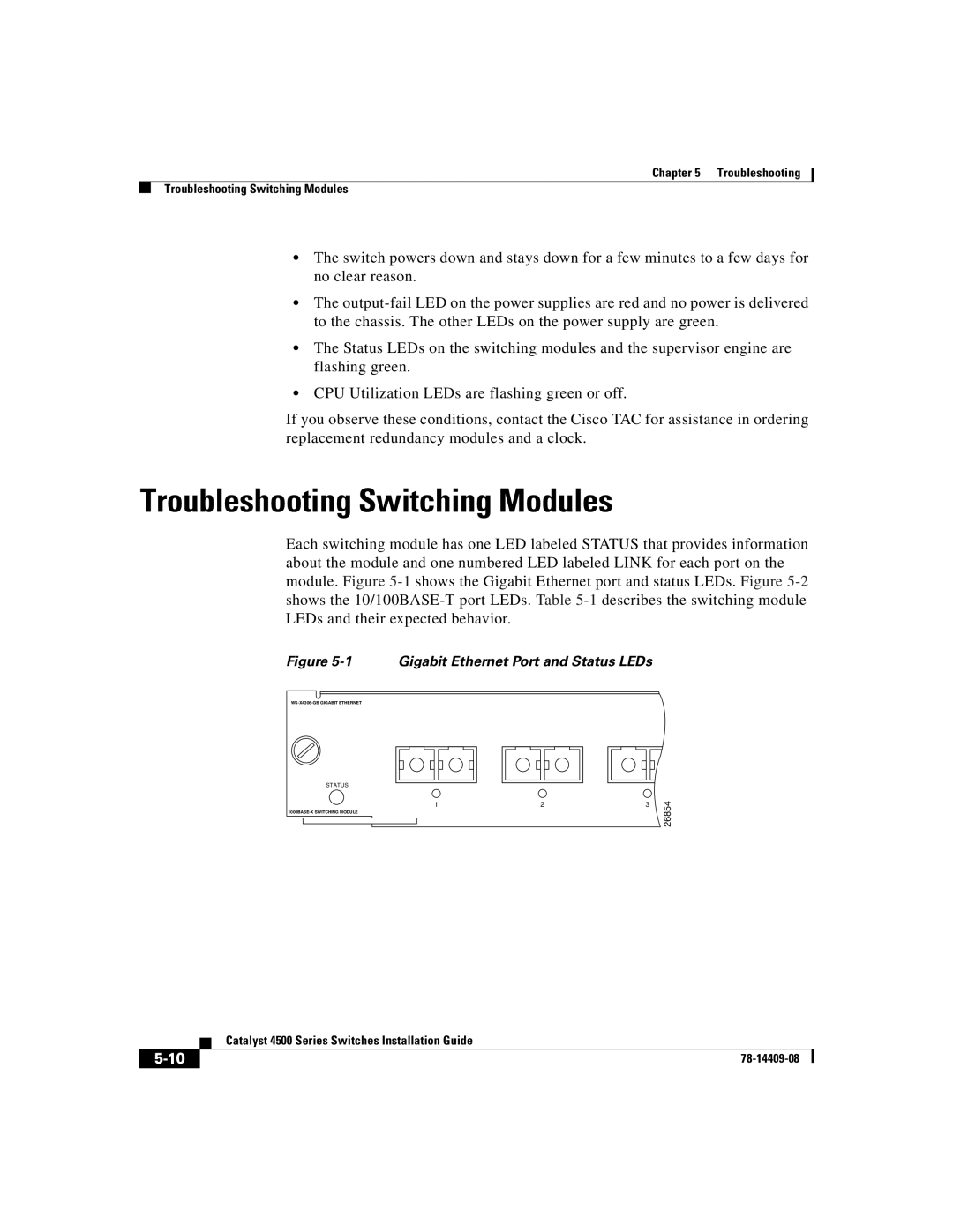 Cisco Systems WSC4500X24XIPB, WSC4500XF32SFP manual Troubleshooting Switching Modules, Gigabit Ethernet Port and Status LEDs 