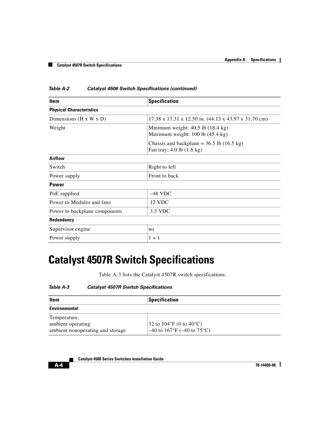 Cisco Systems WSC4500XF16SFP, WSC4500X24XIPB, WSC4500XF32SFP manual Catalyst 4507R Switch Specifications 