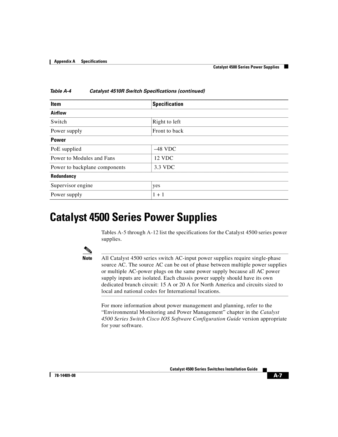 Cisco Systems WSC4500XF16SFP, WSC4500X24XIPB, WSC4500XF32SFP manual Catalyst 4500 Series Power Supplies 