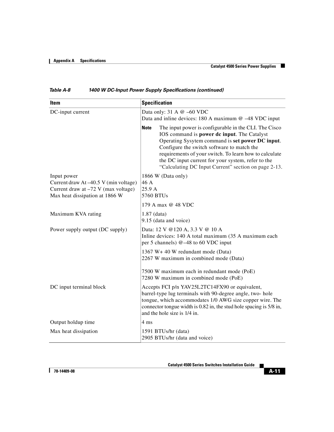 Cisco Systems WSC4500X24XIPB, WSC4500XF32SFP, WSC4500XF16SFP manual Calculating DC Input Current section on 