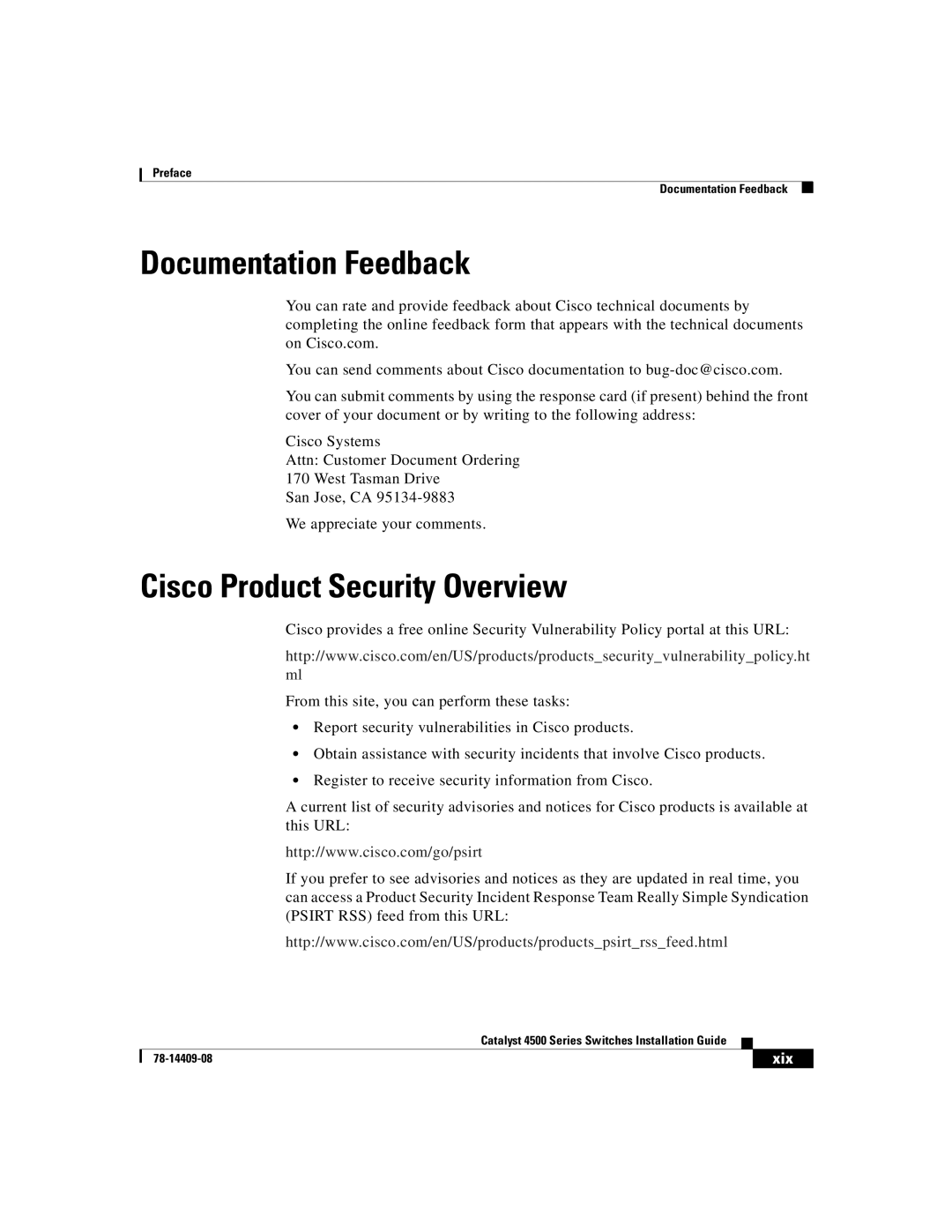 Cisco Systems WSC4500XF32SFP, WSC4500X24XIPB, WSC4500XF16SFP manual Documentation Feedback, Cisco Product Security Overview 