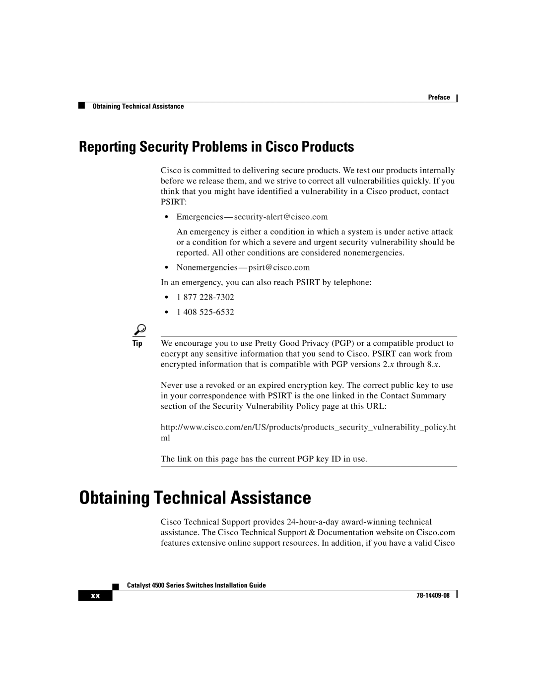 Cisco Systems WSC4500XF16SFP, WSC4500X24XIPB Obtaining Technical Assistance, Reporting Security Problems in Cisco Products 