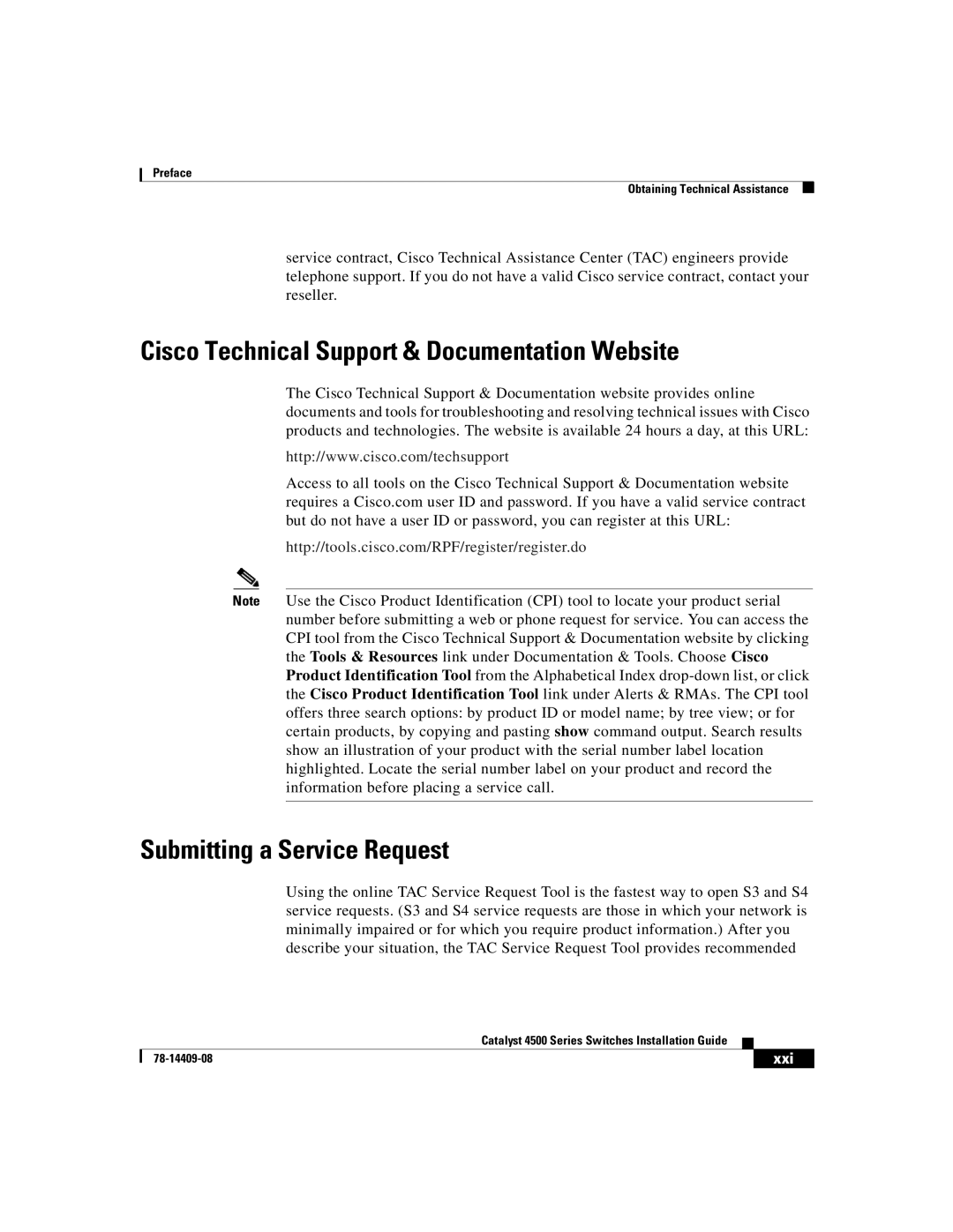 Cisco Systems WSC4500X24XIPB, WSC4500XF32SFP Cisco Technical Support & Documentation Website, Submitting a Service Request 