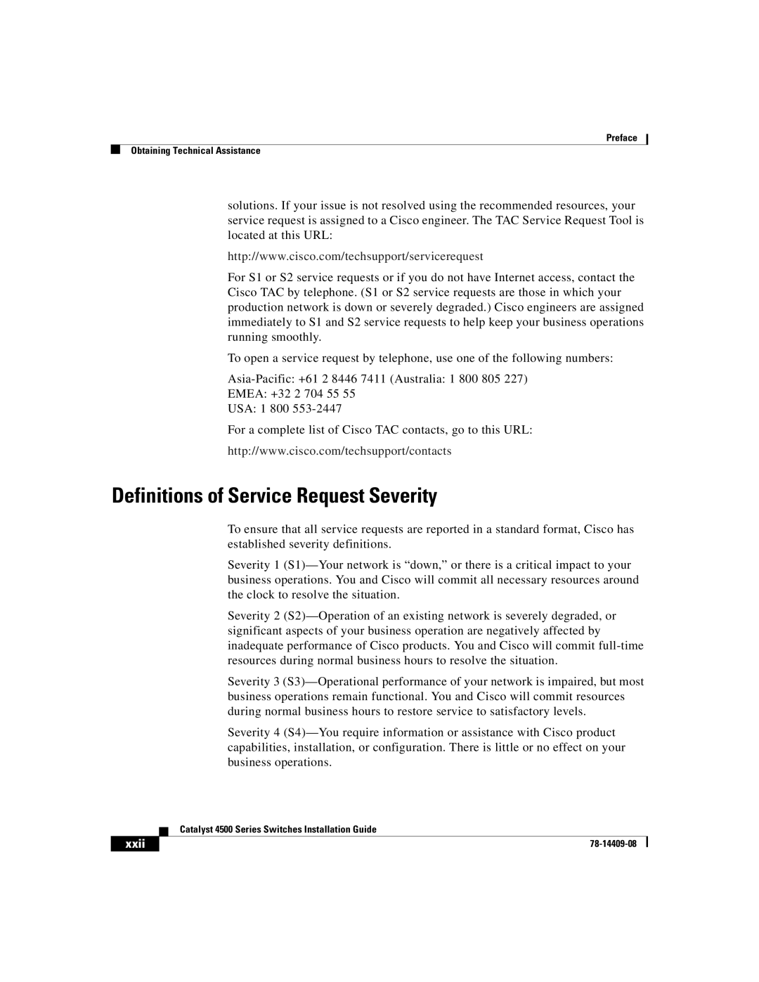 Cisco Systems WSC4500XF32SFP, WSC4500X24XIPB, WSC4500XF16SFP manual Definitions of Service Request Severity 