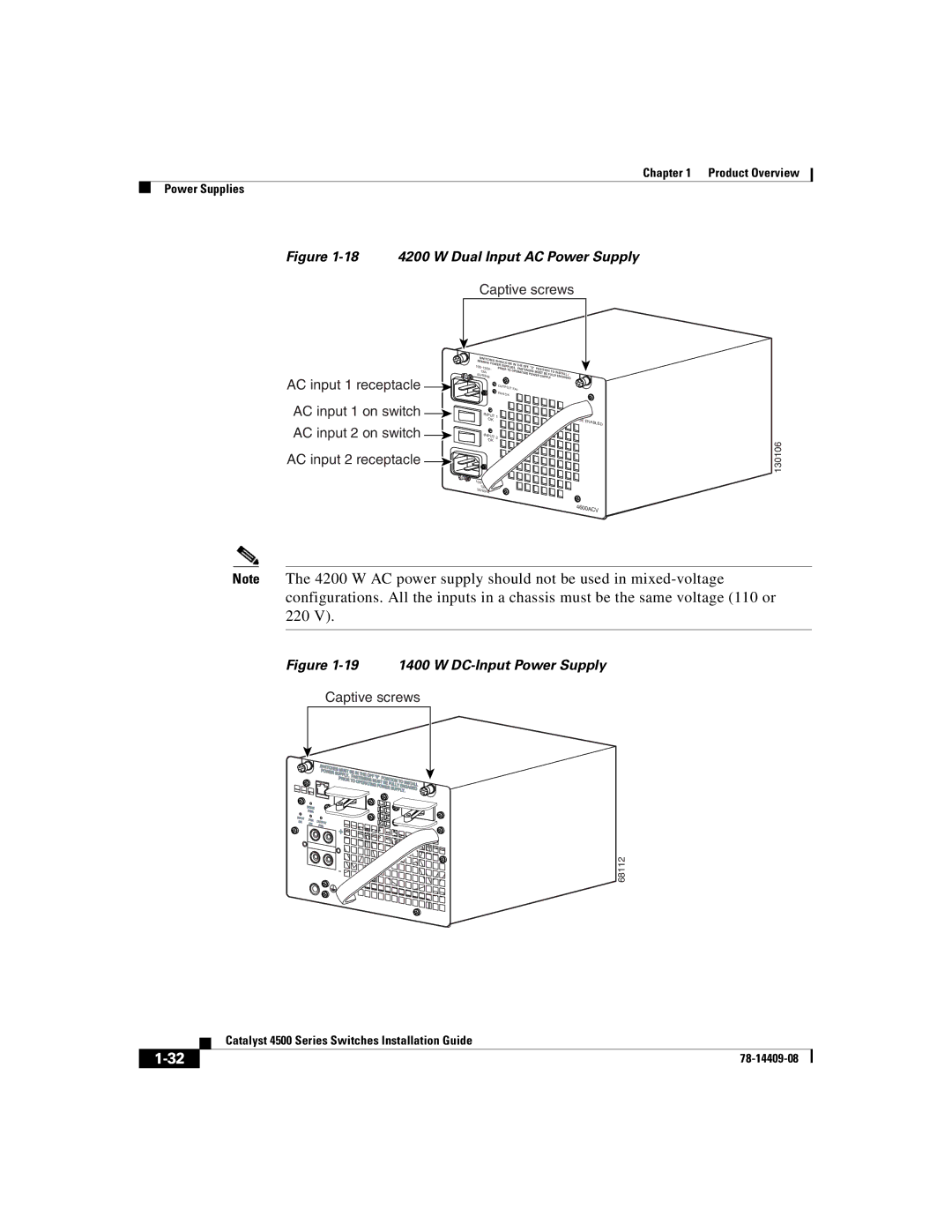 Cisco Systems WSC4500XF16SFP, WSC4500X24XIPB, WSC4500XF32SFP manual 18 4200 W Dual Input AC Power Supply 