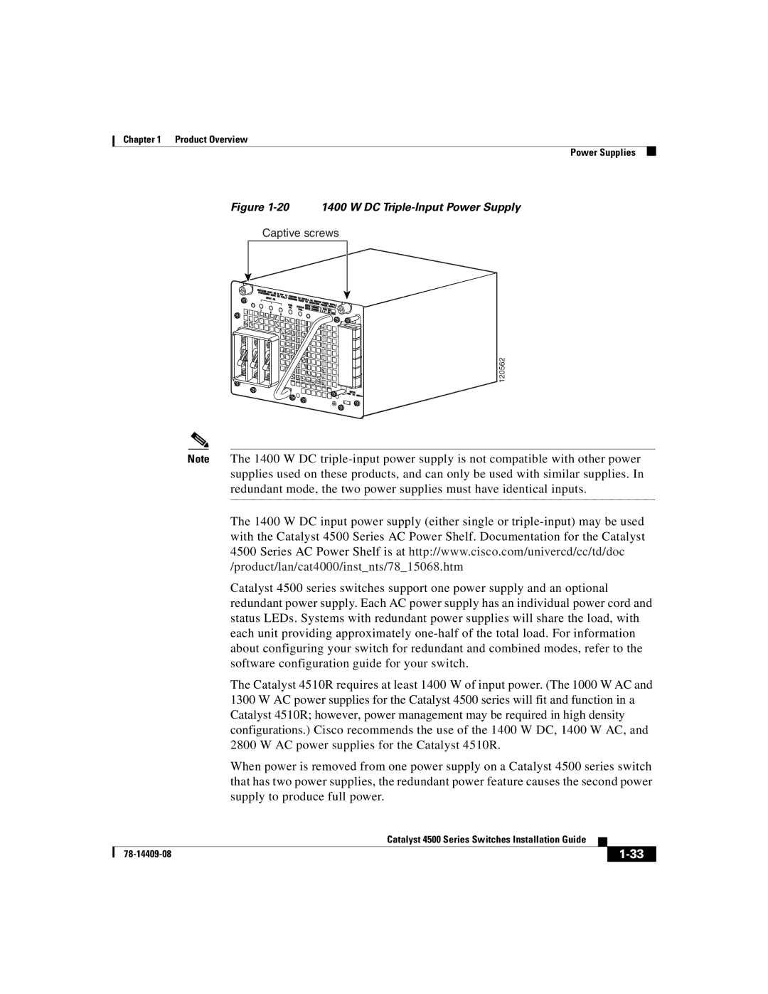 Cisco Systems WSC4500X24XIPB, WSC4500XF32SFP, WSC4500XF16SFP manual 20 1400 W DC Triple-Input Power Supply 