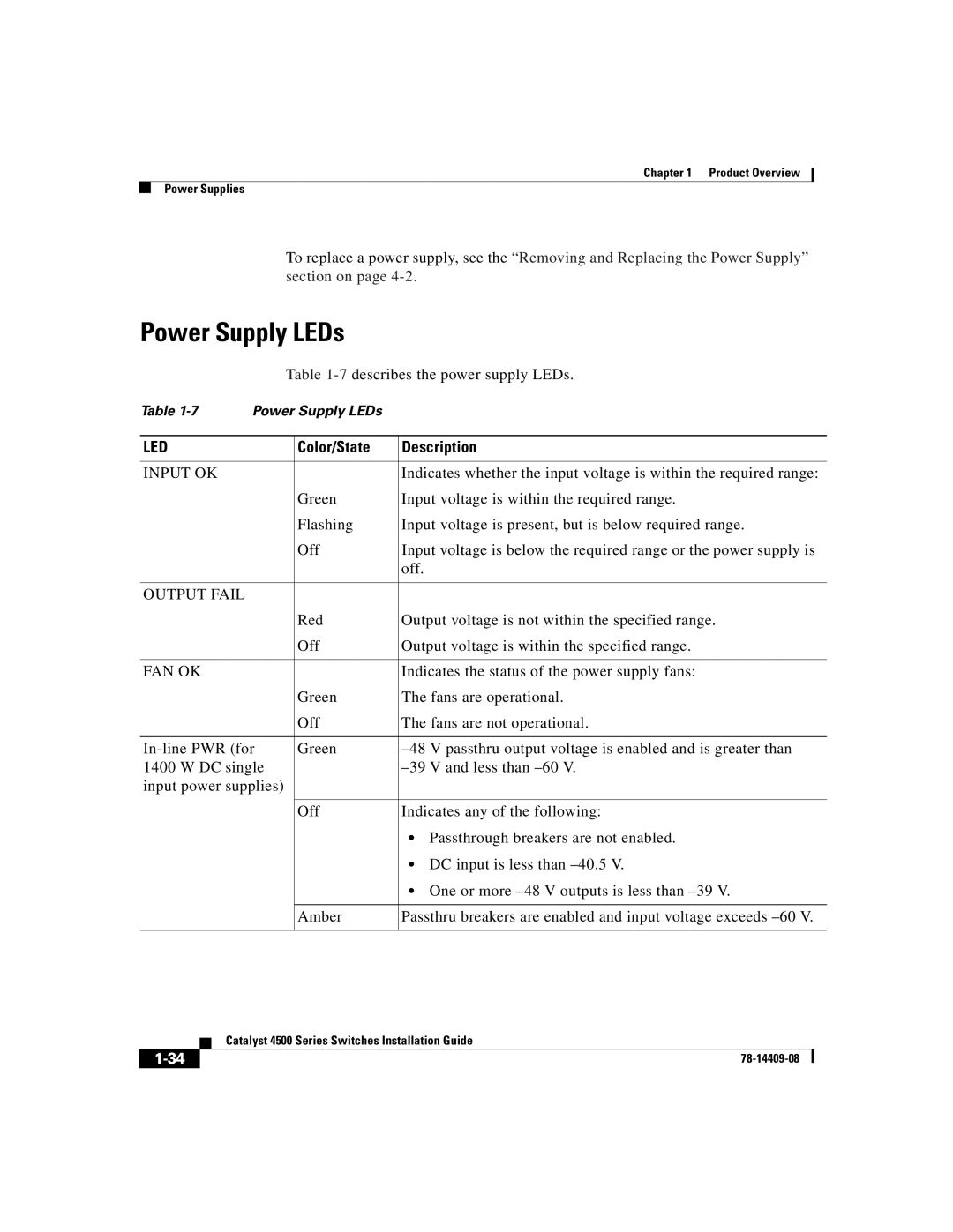 Cisco Systems WSC4500XF32SFP, WSC4500X24XIPB, WSC4500XF16SFP manual Power Supply LEDs, Input OK 