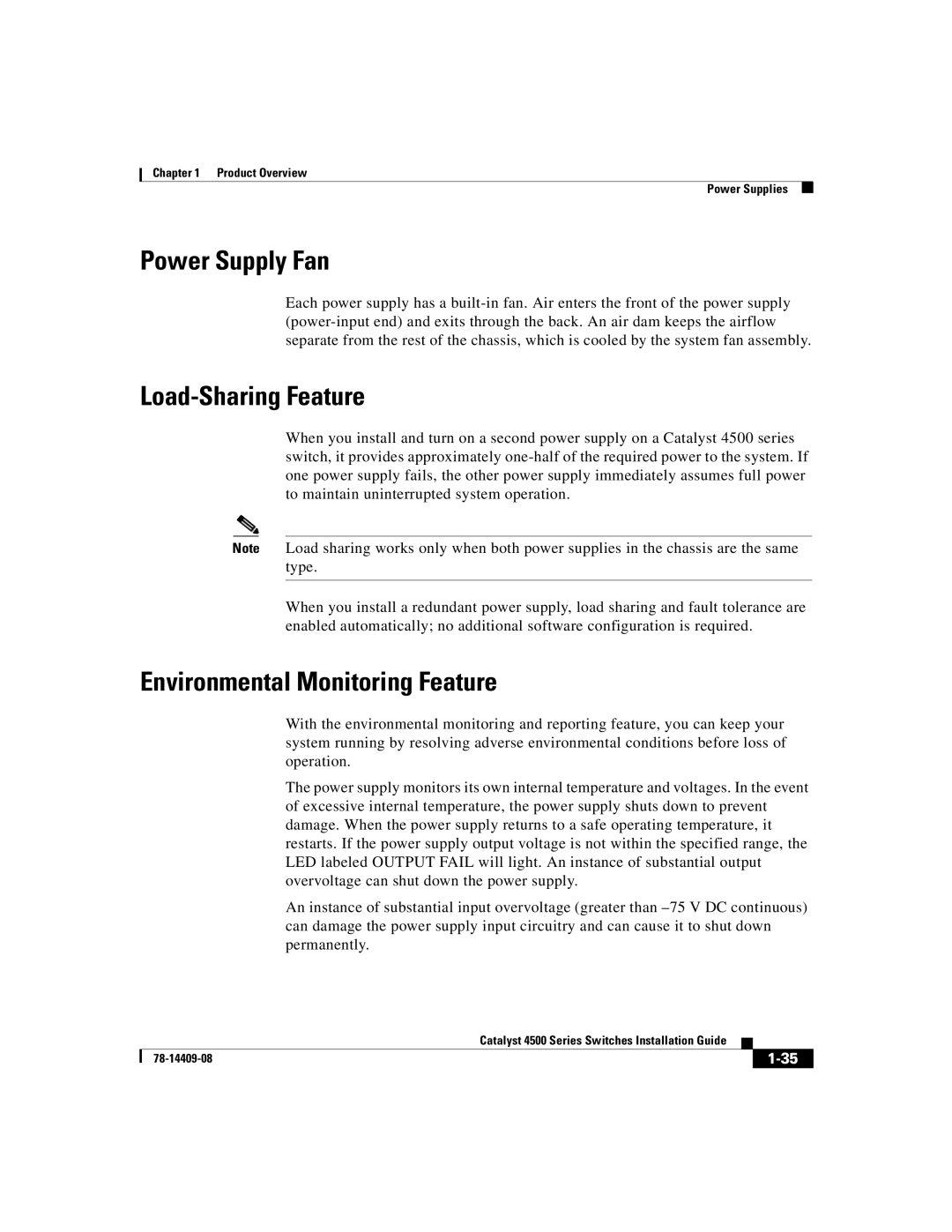 Cisco Systems WSC4500XF16SFP, WSC4500X24XIPB manual Power Supply Fan, Load-Sharing Feature, Environmental Monitoring Feature 