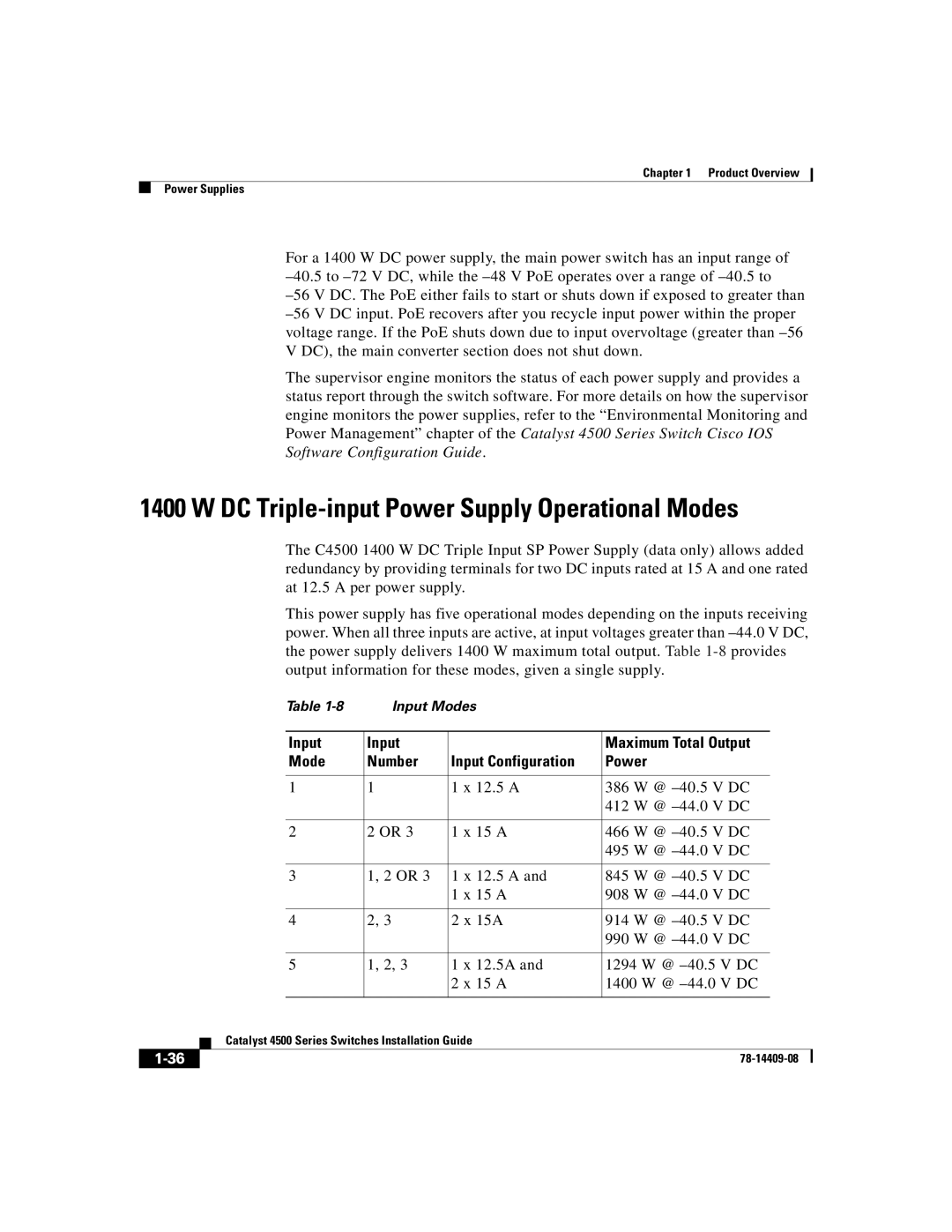 Cisco Systems WSC4500X24XIPB, WSC4500XF32SFP, WSC4500XF16SFP manual DC Triple-input Power Supply Operational Modes 