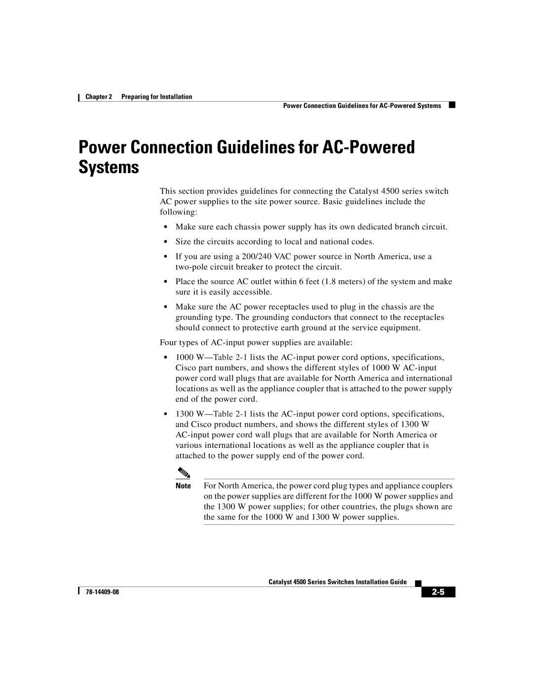 Cisco Systems WSC4500XF16SFP, WSC4500X24XIPB, WSC4500XF32SFP manual Power Connection Guidelines for AC-Powered Systems 