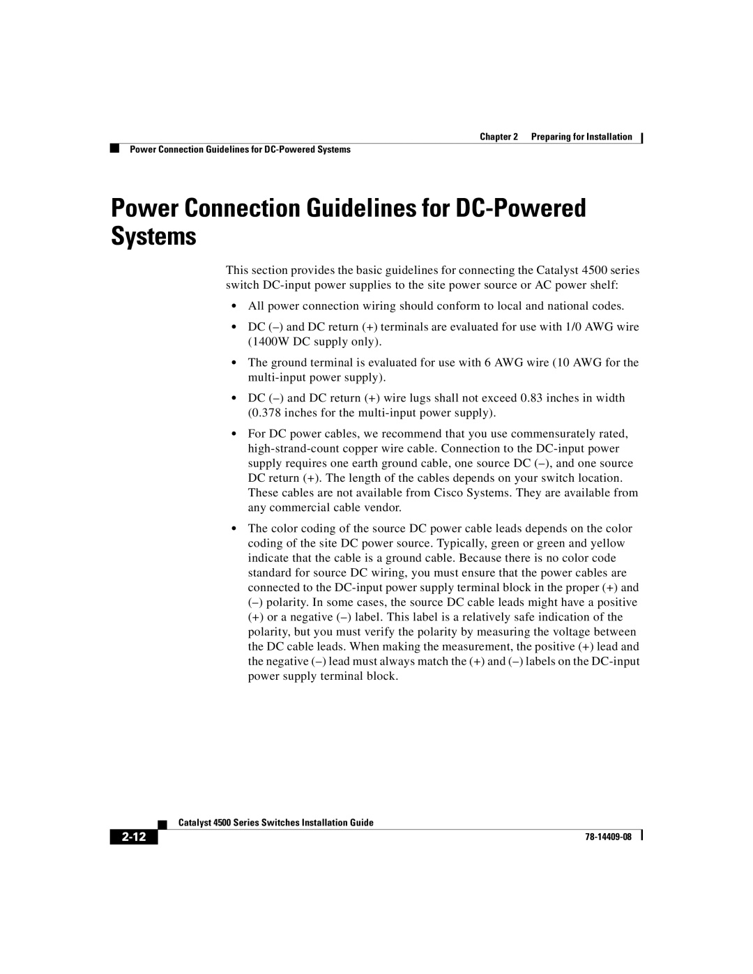 Cisco Systems WSC4500X24XIPB, WSC4500XF32SFP, WSC4500XF16SFP manual Power Connection Guidelines for DC-Powered Systems 