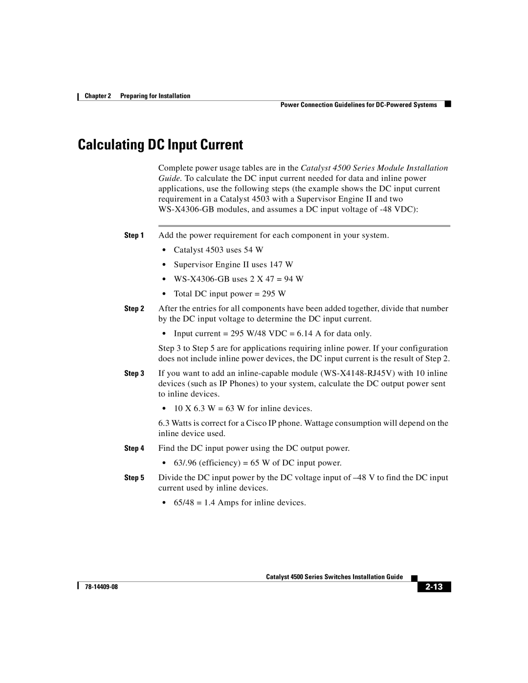 Cisco Systems WSC4500XF32SFP, WSC4500X24XIPB, WSC4500XF16SFP manual Calculating DC Input Current 
