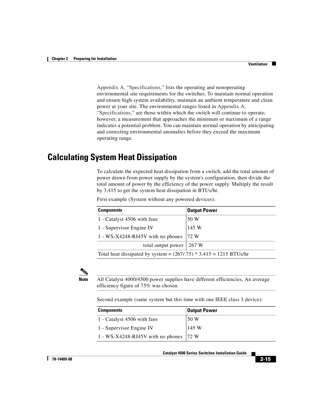Cisco Systems WSC4500X24XIPB, WSC4500XF32SFP, WSC4500XF16SFP manual Calculating System Heat Dissipation, Output Power 