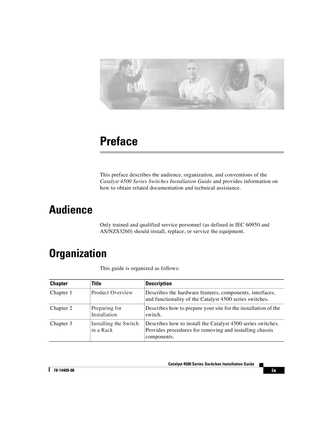 Cisco Systems WSC4500X24XIPB, WSC4500XF32SFP, WSC4500XF16SFP manual Audience, Organization, Chapter Title Description 