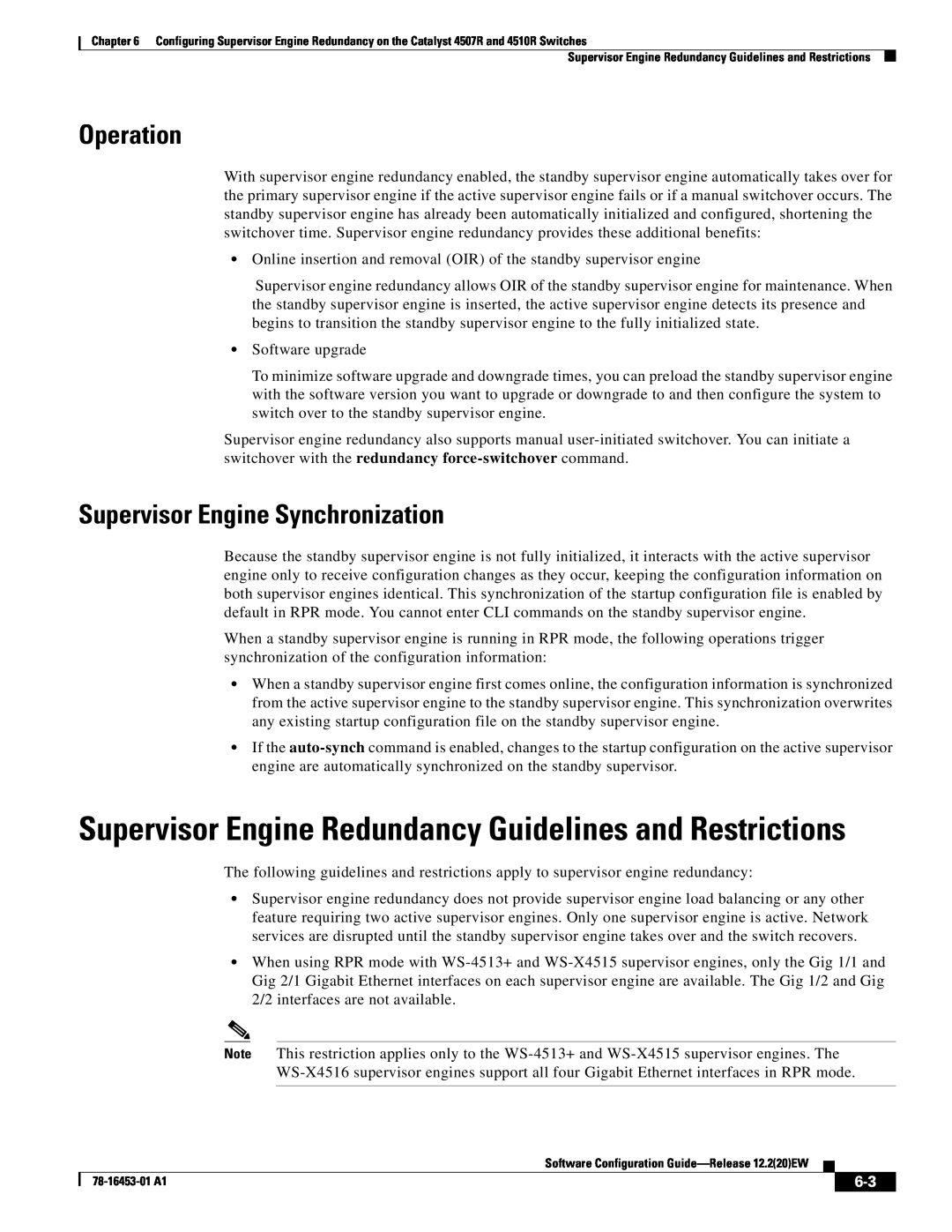 Cisco Systems WSC4507RE96V manual Supervisor Engine Redundancy Guidelines and Restrictions, Operation 
