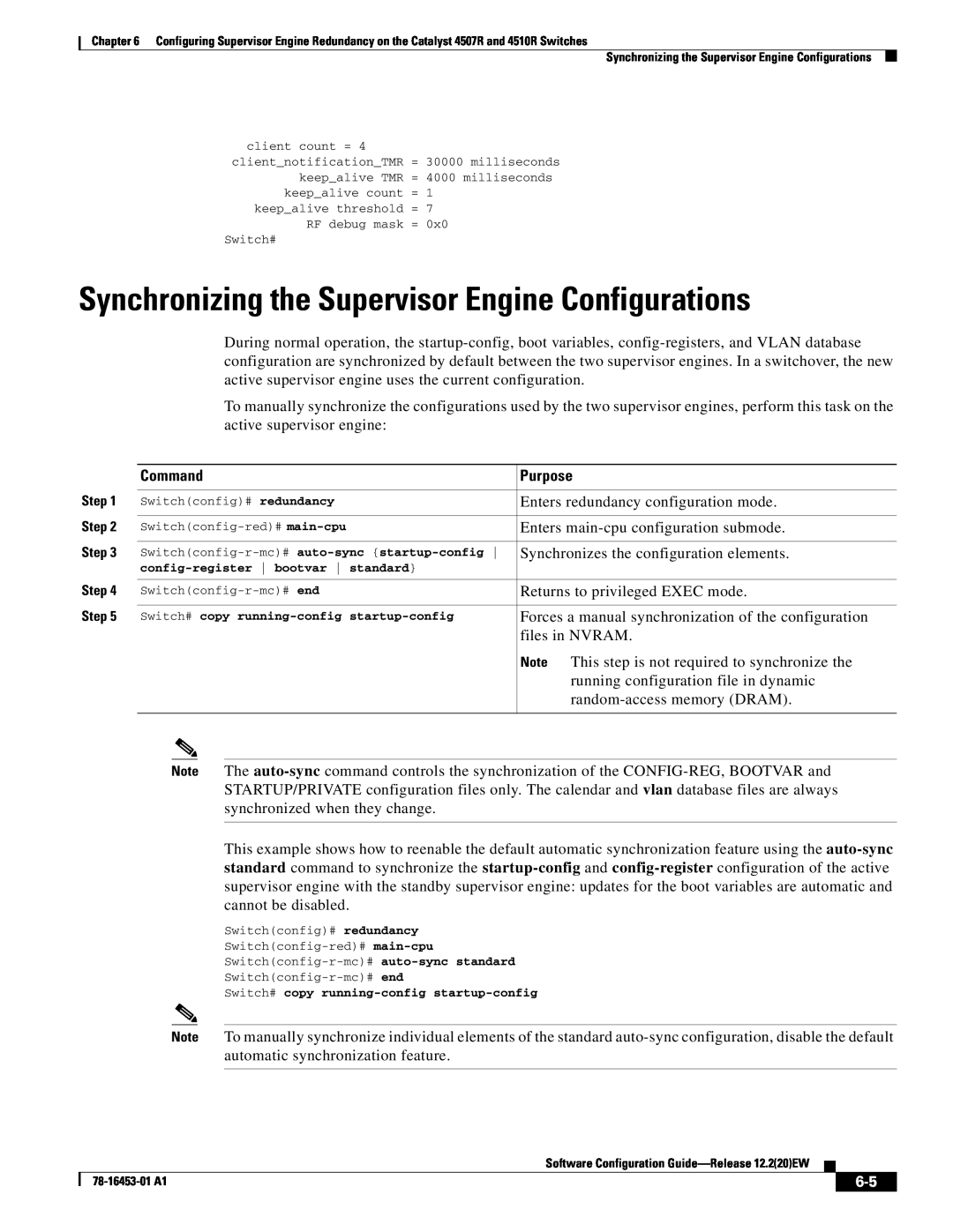 Cisco Systems WSC4507RE96V manual Synchronizing the Supervisor Engine Configurations, Command, Purpose 