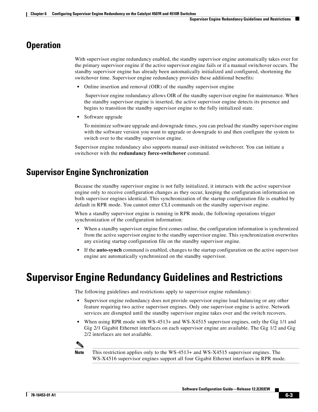 Cisco Systems WSC4507RE96V manual Supervisor Engine Redundancy Guidelines and Restrictions 