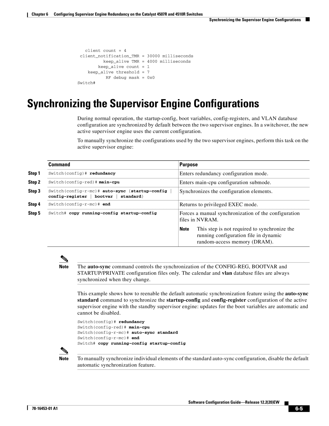 Cisco Systems WSC4507RE96V manual Synchronizing the Supervisor Engine Configurations, Command Purpose 