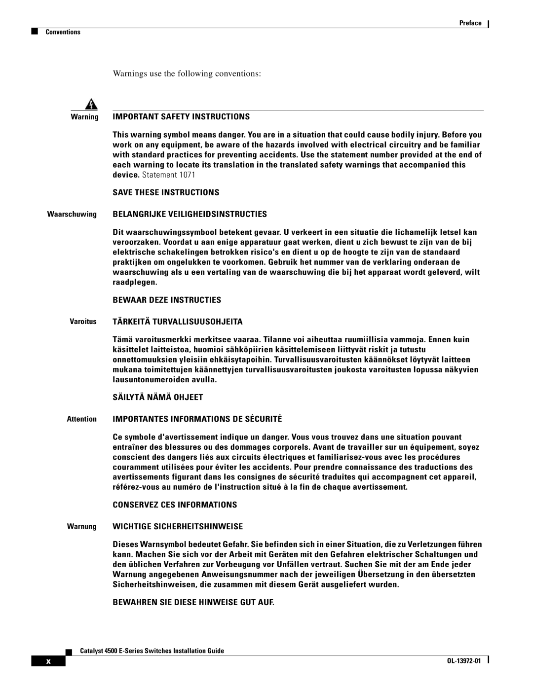 Cisco Systems WSUPOE12VPSPL, 4500 E-Series manual Bewaar Deze Instructies, Warnung Wichtige Sicherheitshinweise 