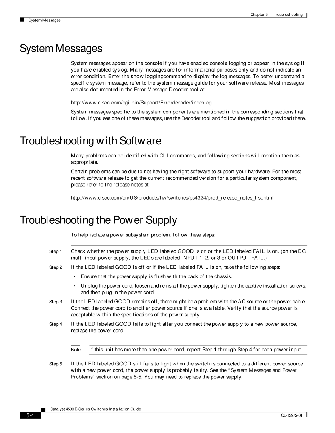 Cisco Systems WSUPOE12VPSPL manual System Messages, Troubleshooting with Software, Troubleshooting the Power Supply 