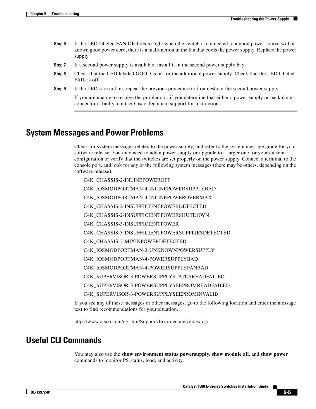 Cisco Systems 4500 E-Series, WSUPOE12VPSPL manual System Messages and Power Problems, Useful CLI Commands 