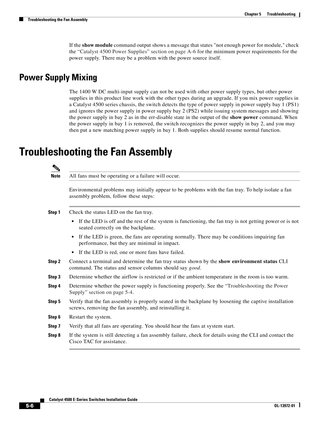 Cisco Systems WSUPOE12VPSPL, 4500 E-Series manual Troubleshooting the Fan Assembly, Power Supply Mixing 