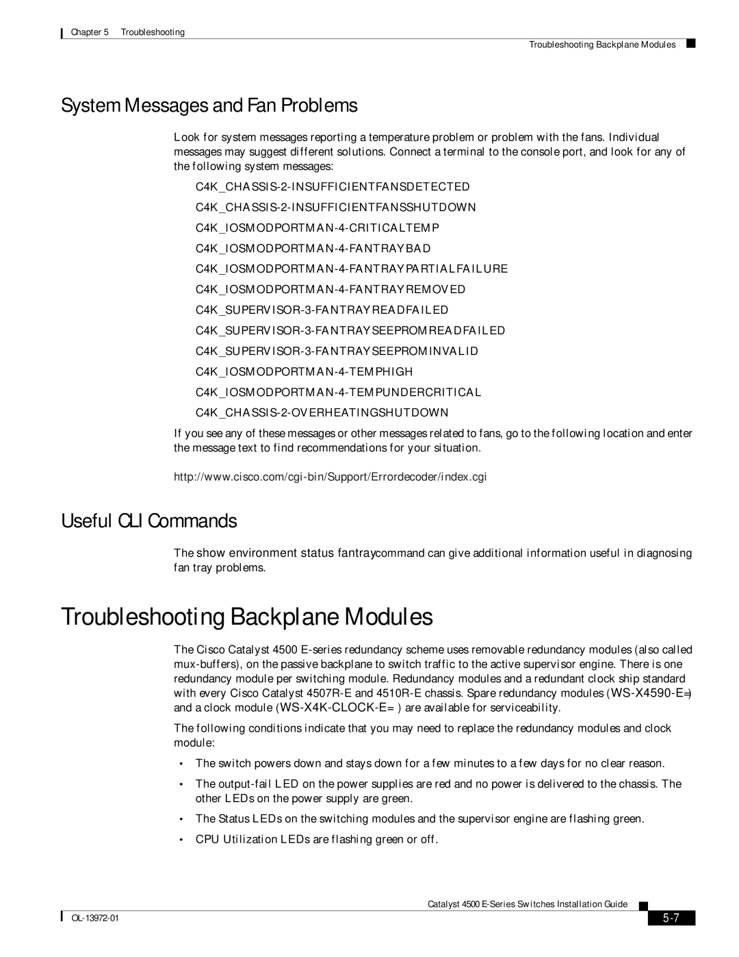 Cisco Systems 4500 E-Series, WSUPOE12VPSPL manual Troubleshooting Backplane Modules, System Messages and Fan Problems 