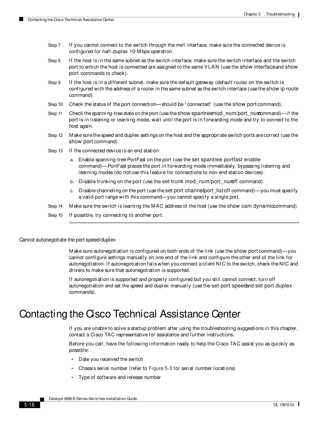 Cisco Systems WSUPOE12VPSPL Contacting the Cisco Technical Assistance Center, Cannot autonegotiate the port speed/duplex 