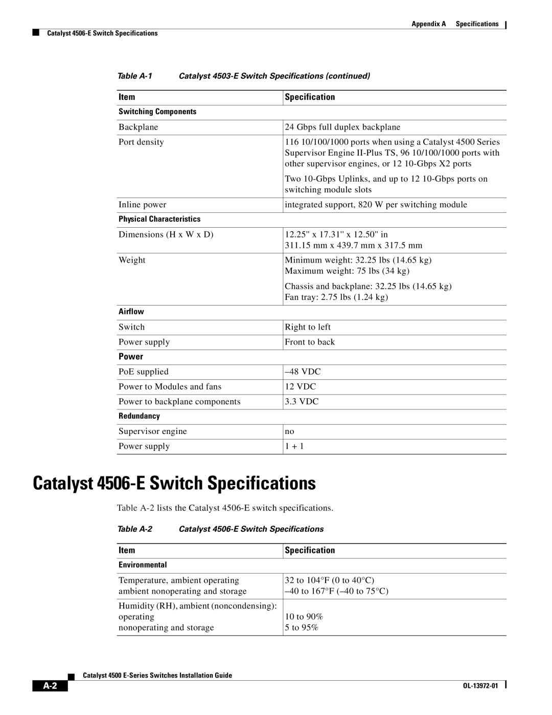 Cisco Systems WSUPOE12VPSPL, 4500 E-Series manual Catalyst 4506-E Switch Specifications, Power 