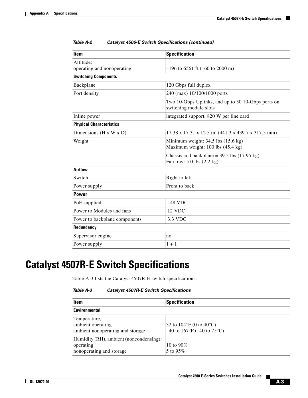 Cisco Systems 4500 E-Series, WSUPOE12VPSPL manual Catalyst 4507R-E Switch Specifications 