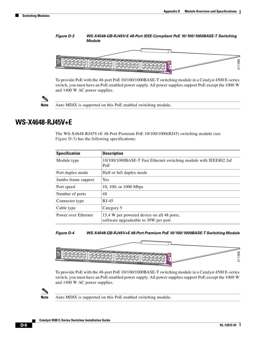 Cisco Systems WSUPOE12VPSPL, 4500 E-Series manual WS-X4648-RJ45V+E, Figure D-3 has the following specifications 