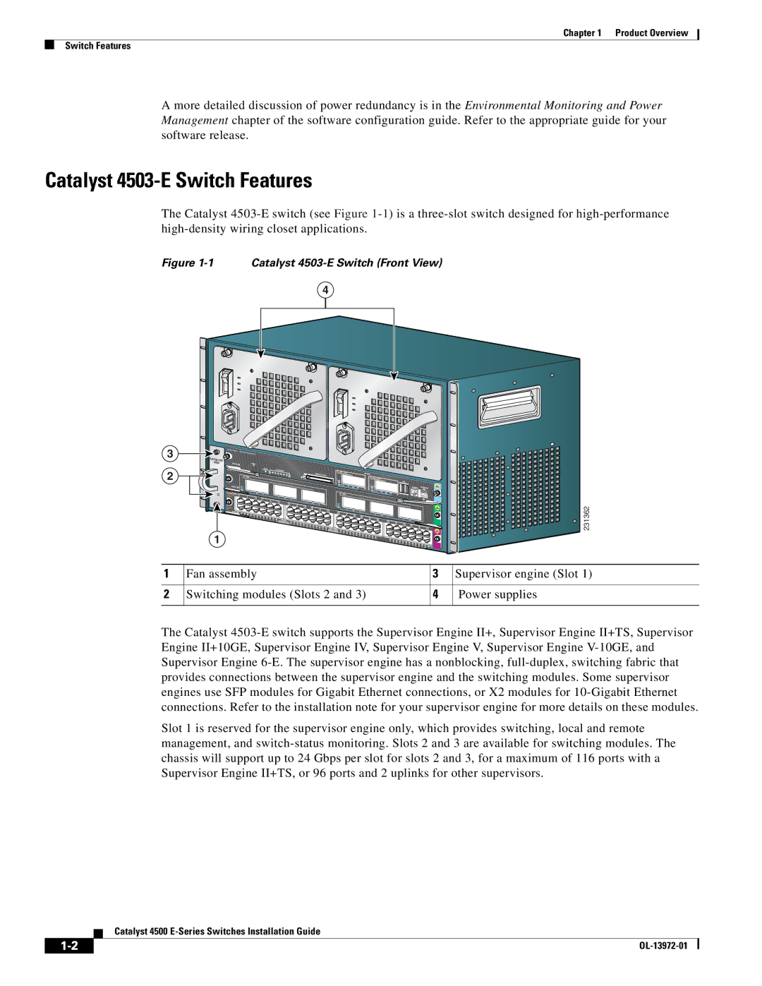 Cisco Systems WSUPOE12VPSPL, 4500 E-Series manual Catalyst 4503-E Switch Features, Catalyst 4503-E Switch Front View 