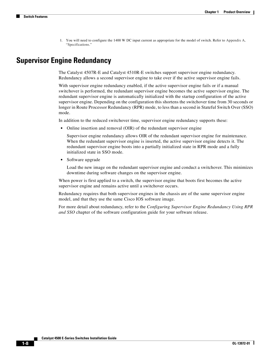 Cisco Systems WSUPOE12VPSPL, 4500 E-Series manual Supervisor Engine Redundancy 