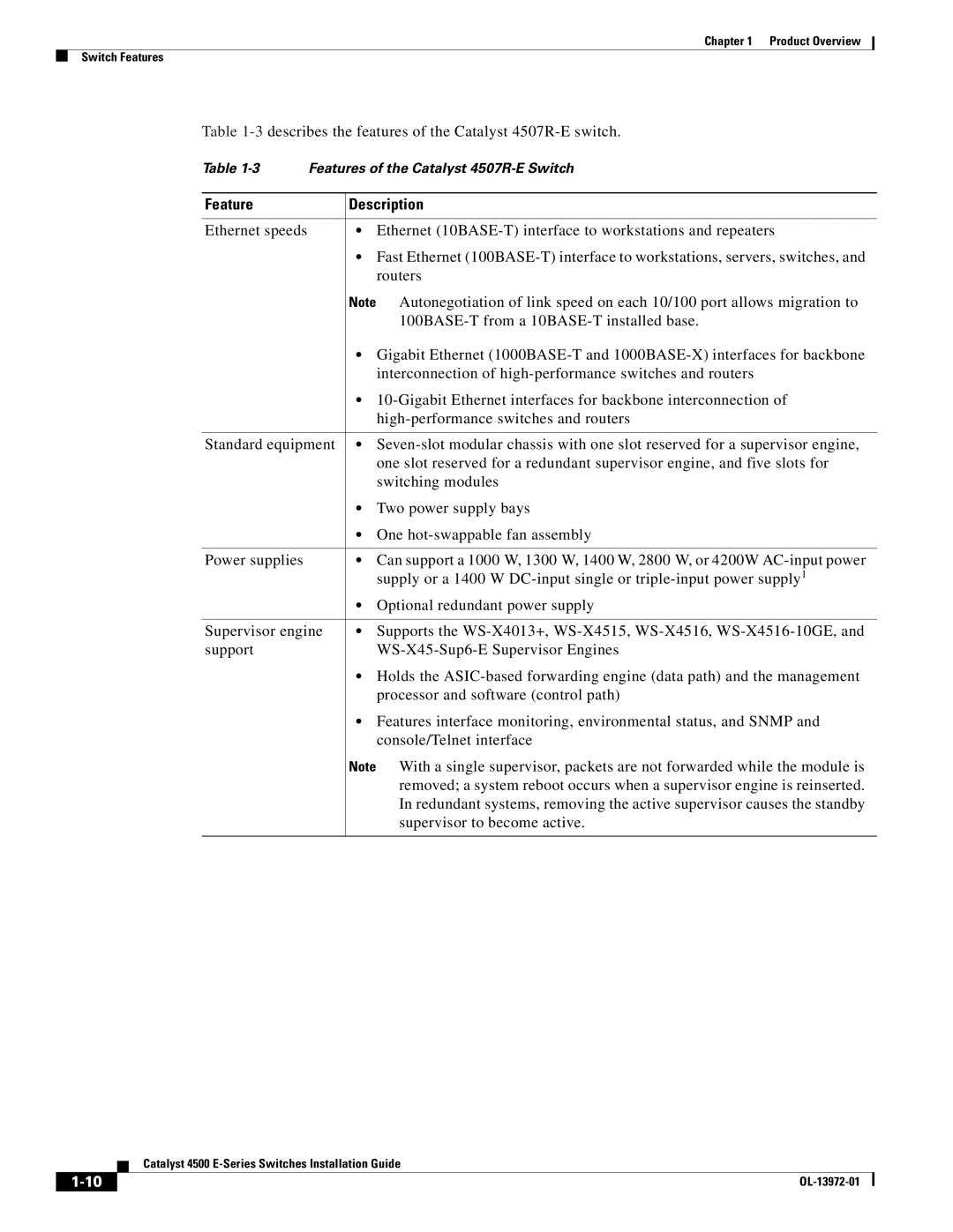 Cisco Systems WSUPOE12VPSPL, 4500 E-Series manual 3describes the features of the Catalyst 4507R-E switch 