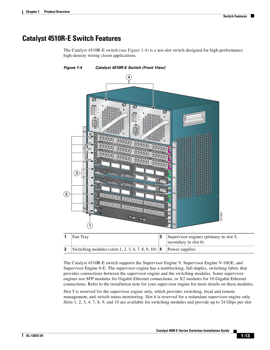 Cisco Systems 4500 E-Series, WSUPOE12VPSPL manual Catalyst 4510R-E Switch Features, Catalyst 4510R-E Switch Front View 