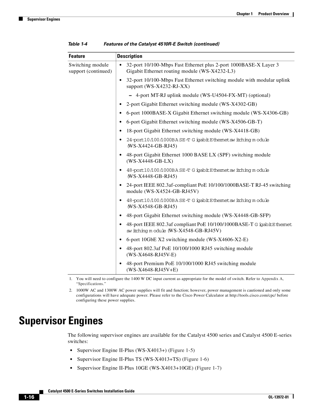 Cisco Systems WSUPOE12VPSPL, 4500 E-Series manual Supervisor Engines 