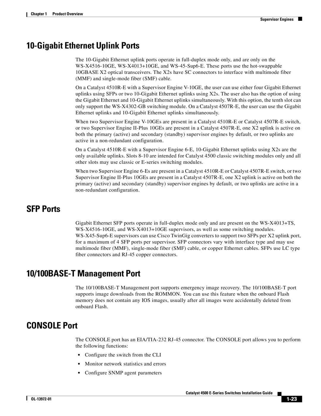 Cisco Systems 4500 E-Series, WSUPOE12VPSPL manual SFP Ports, 10/100BASE-T Management Port, Console Port 