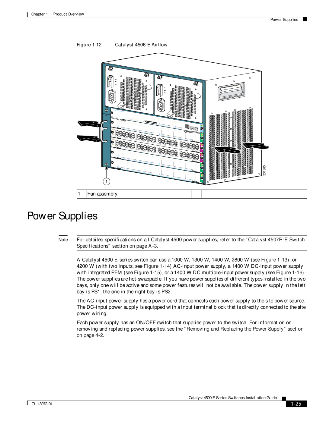 Cisco Systems 4500 E-Series, WSUPOE12VPSPL manual Power Supplies, Catalyst 4506-E Airflow 