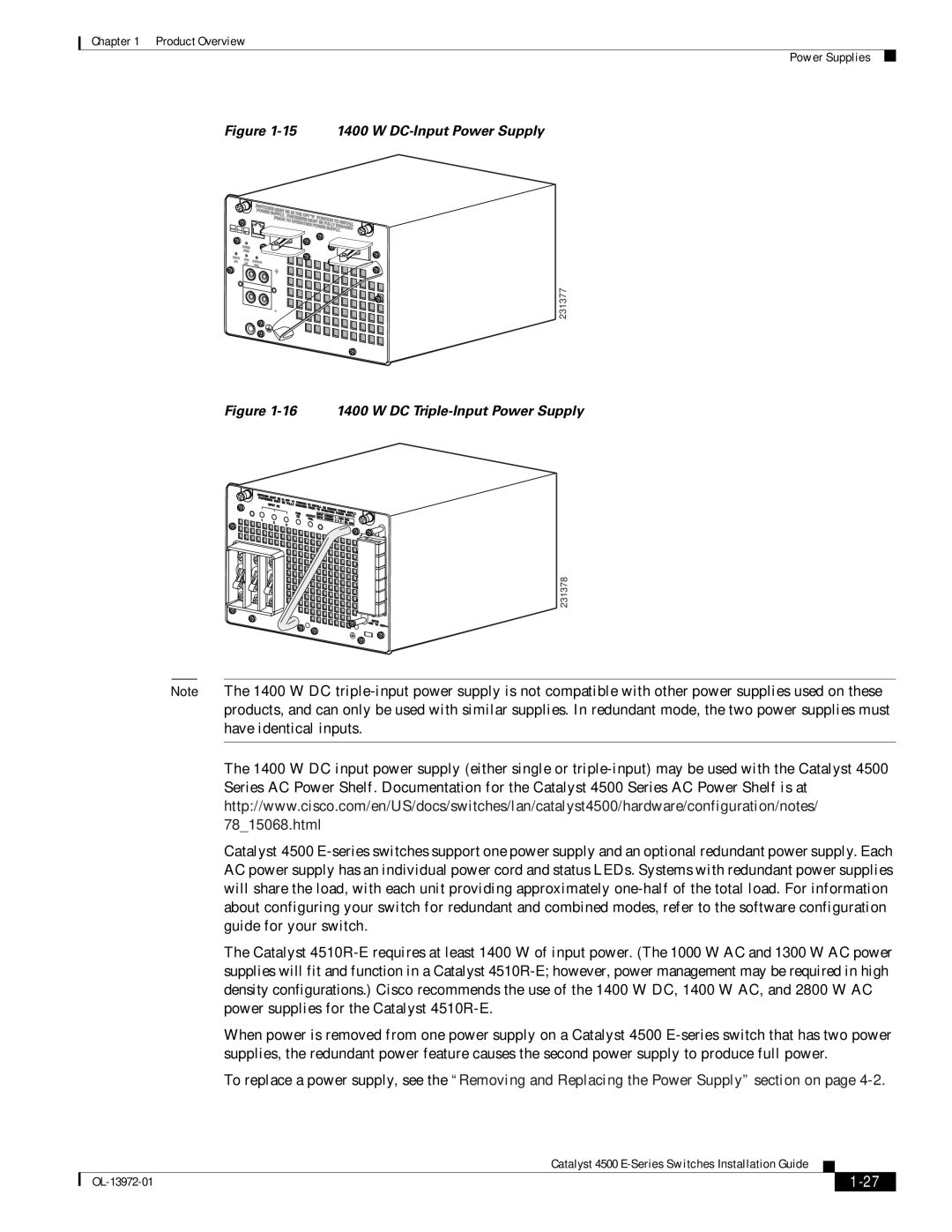 Cisco Systems 4500 E-Series, WSUPOE12VPSPL manual 15 1400 W DC-Input Power Supply 