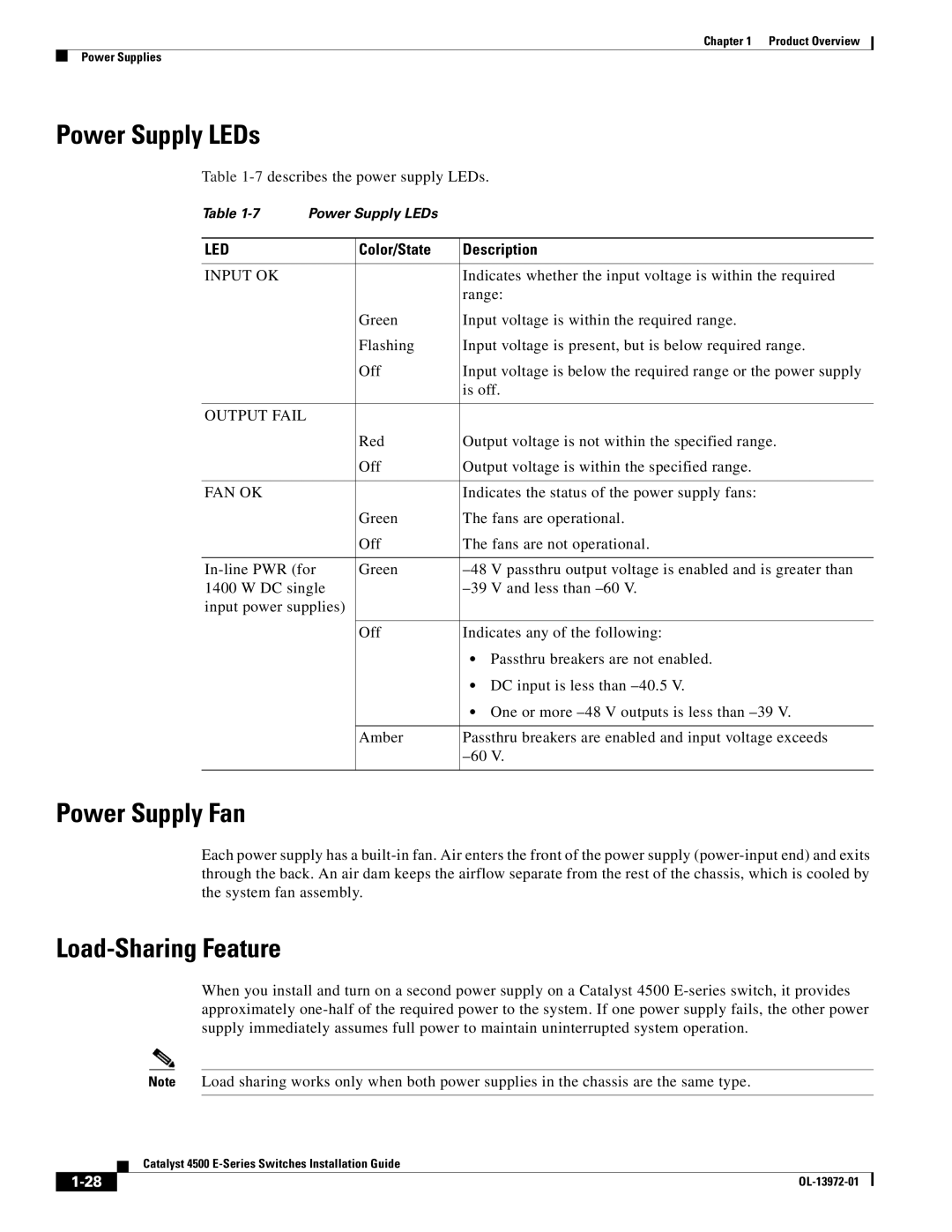 Cisco Systems WSUPOE12VPSPL, 4500 E-Series manual Power Supply LEDs, Power Supply Fan, Load-Sharing Feature 