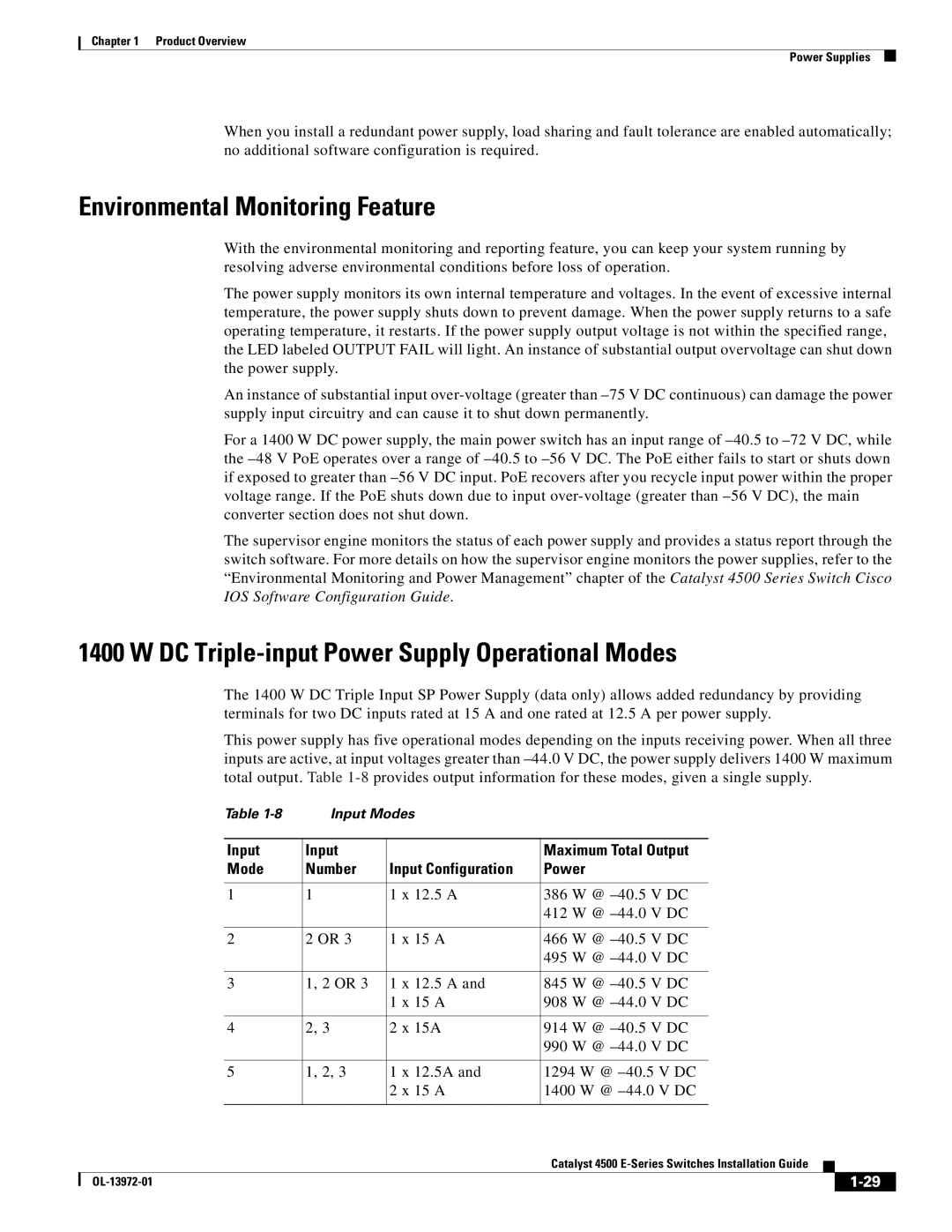 Cisco Systems 4500 E-Series manual Environmental Monitoring Feature, DC Triple-input Power Supply Operational Modes 